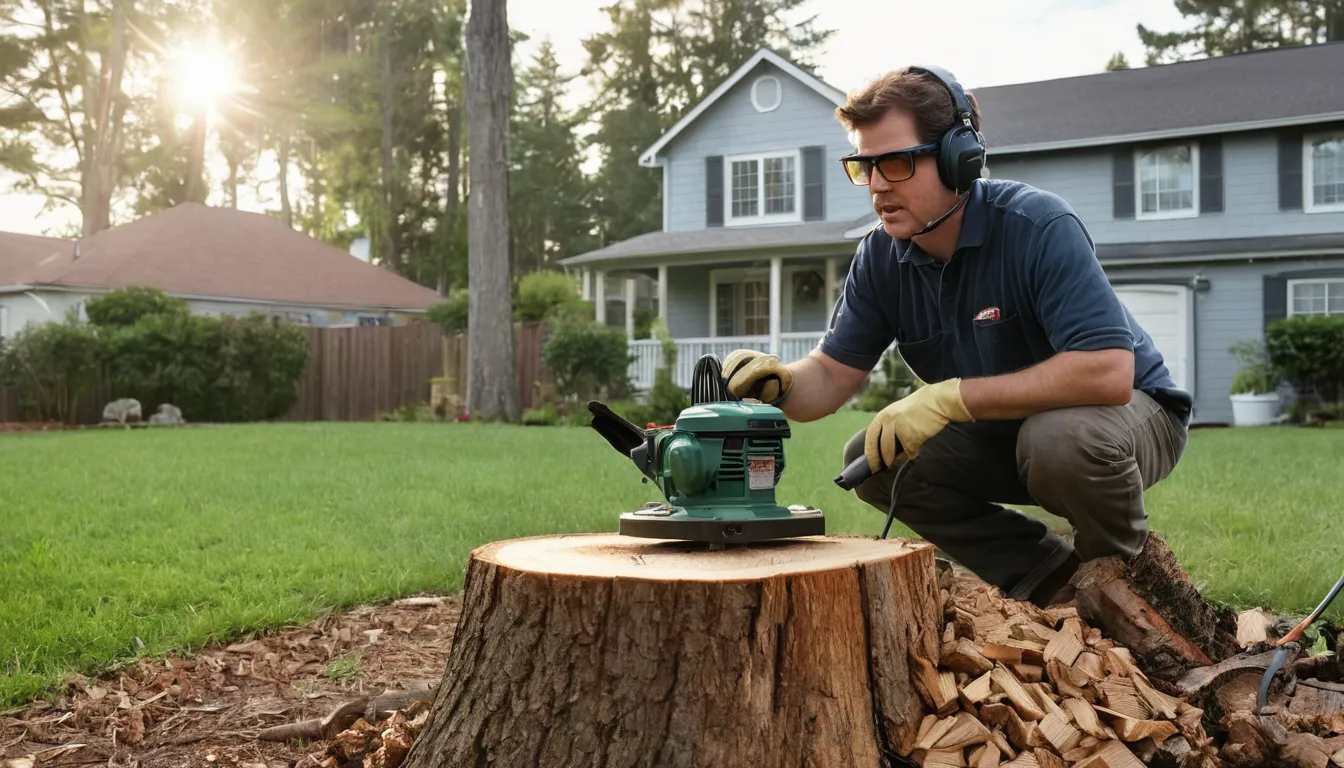 Stump grinder working on an old tree stump in a residential backyard in Beckley